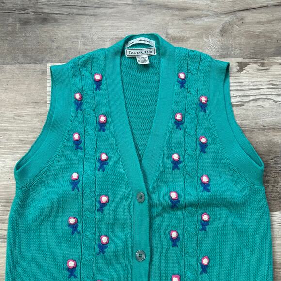 Vintage Izod Club Teal Knit Sweater Vest Floral Embroidered Button Front M - Picture 2 of 5